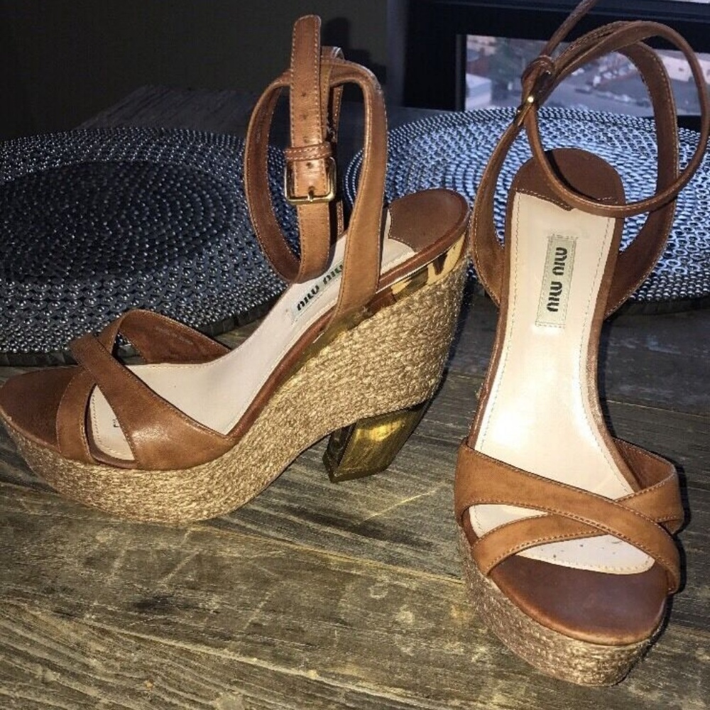 MIU MIU Prada Sz 38 Leather Espadrille Heel Wedges - Picture 6 of 16